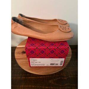 Tory Burch Size 7.5 Light Oak Minnie Travel Ballet Flats Leather Shoes EUC W/Box